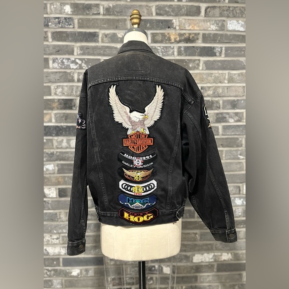 Rare VTG Levi’s Black Denim Jacket Harley-Davidson HOG Eagle Embroidered Patches - Picture 3 of 15